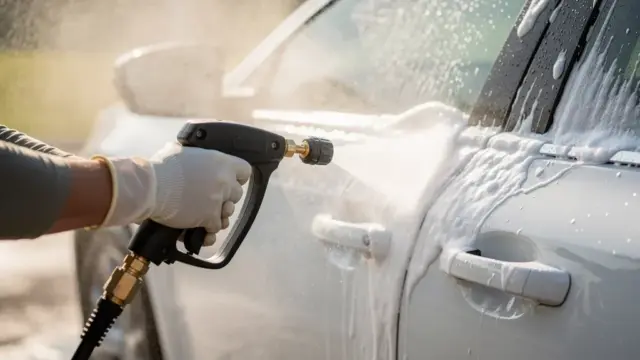 Hochdruckreiniger Anwendung zur Fahrzeugreinigung mit pH-neutralen Shampoos und Abstand beachten