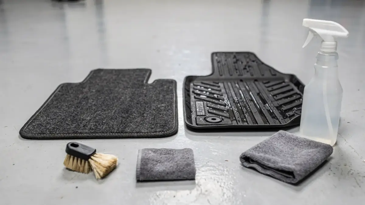 Textil- und Gummimatten im Auto reinigen: herausgenommene Fußmatten mit Bürste und Mikrofasertuch