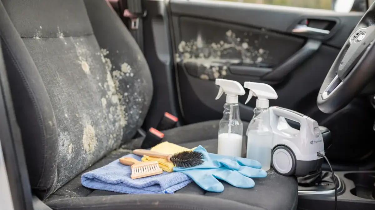 Autoinnenraum mit Schimmelspuren auf Sitzen und Fußmatten beim Erkennen und Entfernen von Schimmel