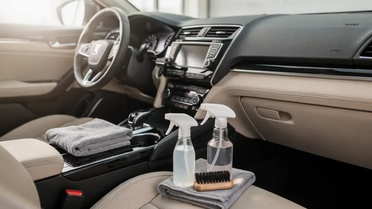 Auto-Cockpit reinigen: Armaturenbrett mit Mikrofasertuch, Bürste und Reinigungsflasche im Innenraum