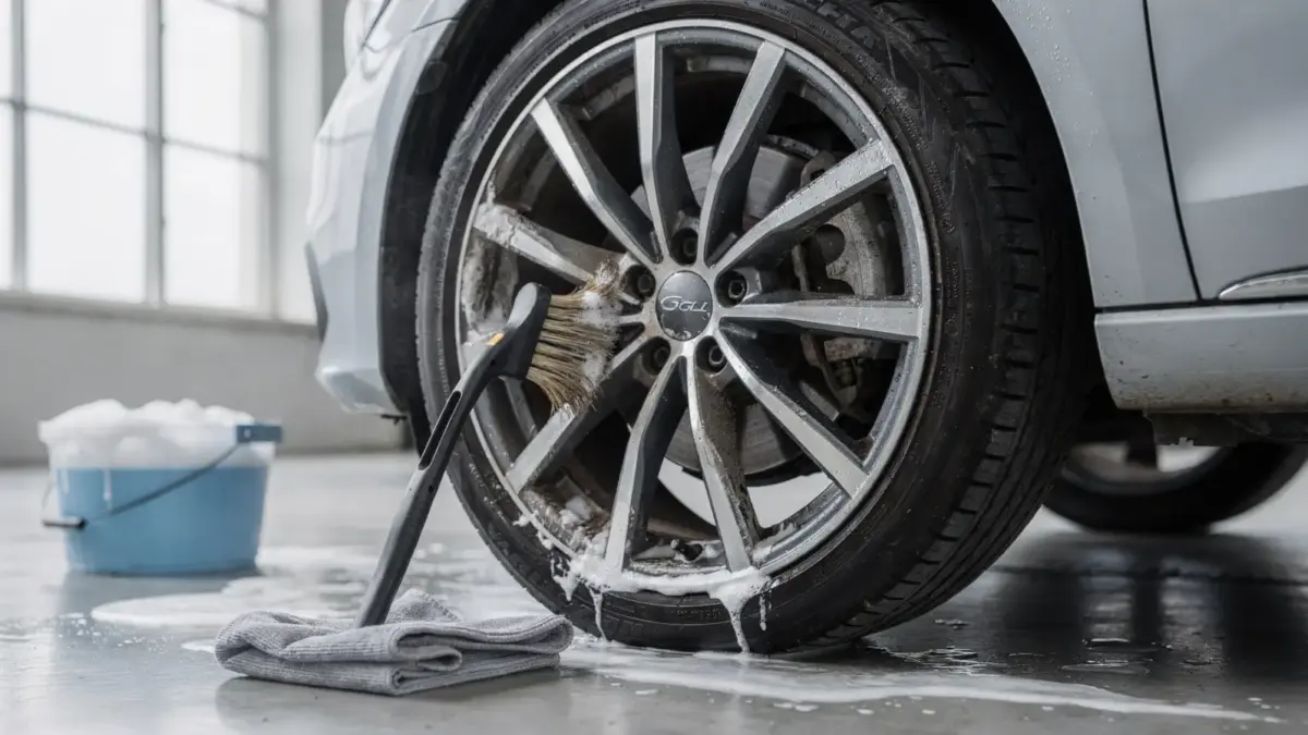 Felgen reinigen: Verschmutzte Autofelge mit Bremsstaub, Bürste und Mikrofasertuch in der Werkstatt