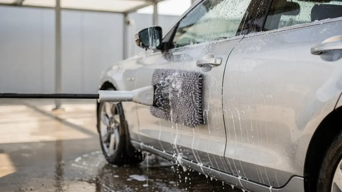 Auto waschen in der Waschanlage mit Mikrofaserschwamm und Wasserstrahl, lackschonend gereinigt