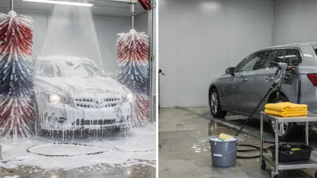 Autowäsche in der Waschanlage und per Hand beim Vergleich von Waschanlage oder Handwäsche