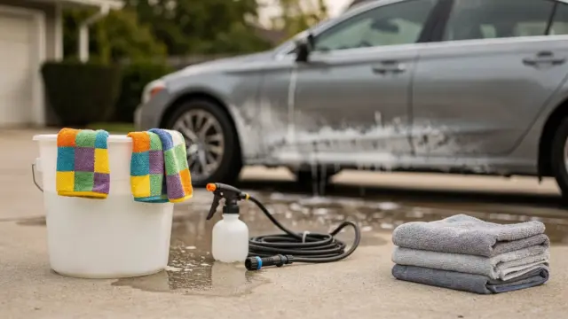 Auto waschen: Auto mit Waschutensilien wie Eimer, Schwamm, Schlauch und Trockentüchern in sauberer Umgebung
