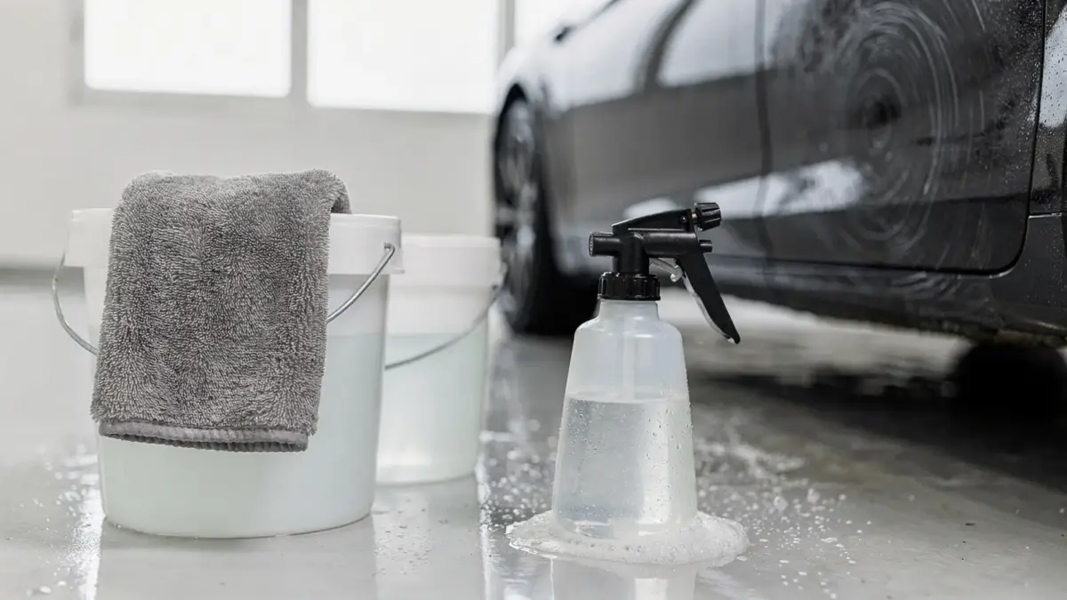 Autowäsche mit Mikrofaserschwamm, Eimern und glänzendem Lack zur Vermeidung von Kratzern