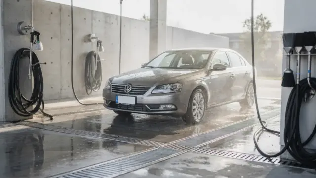 Self-Service-Autowäsche mit Waschbox und Auto zum Thema: Wo ist die Autowäsche zulässig?