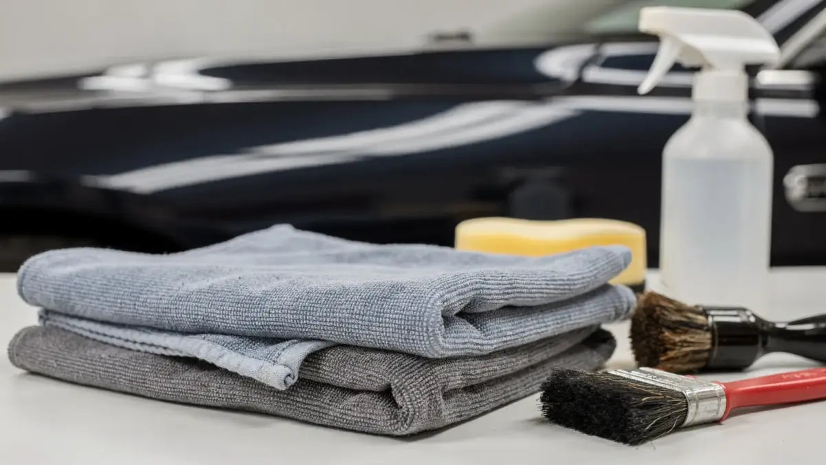 Mikrofasertuch für Lack neben polierter Autokarosserie und Pflegetools