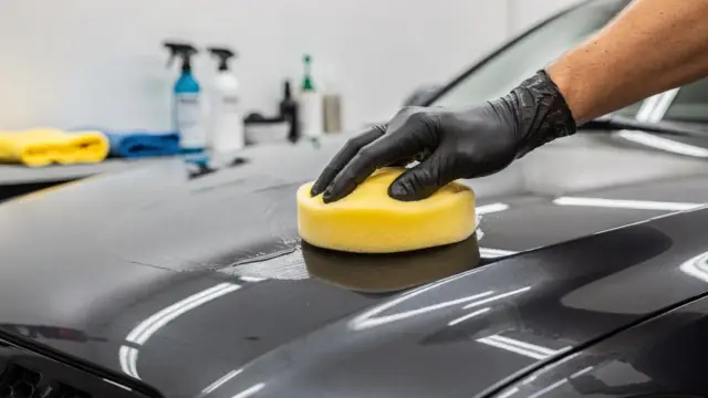 Autowachs auftragen an einer lackierten Motorhaube für Lackschutz und Glanz