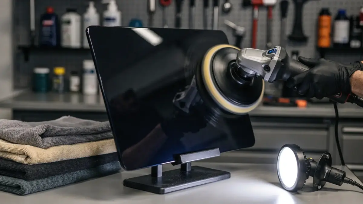 Auto wird beim Polieren mit Exzenterpolierer auf Hologramme geprüft, daneben Inspektionslampe und Mikrofasertücher.