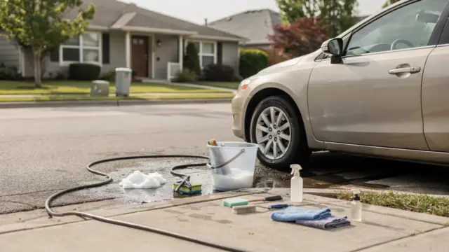 Autowaschen auf der Straße: Auto mit Eimer und Schlauch am Straßenrand