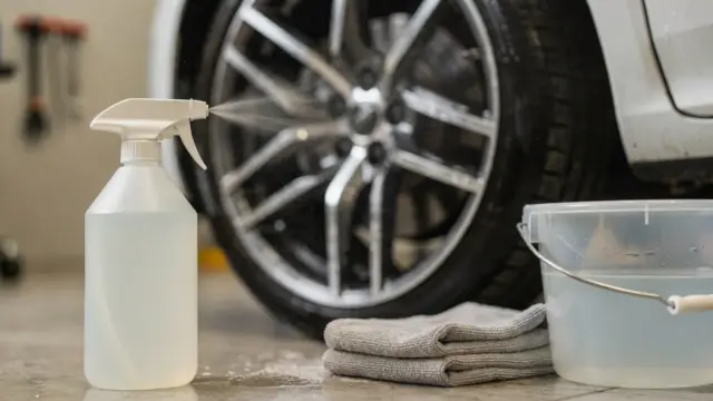 Felgenreiniger und Autoreifen in der Werkstatt zum Thema säurehaltige Felgenreiniger
